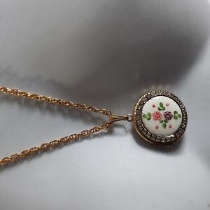 vintage guilloché locket  with rhinestone border And 24" Goldtone Vtge necklace